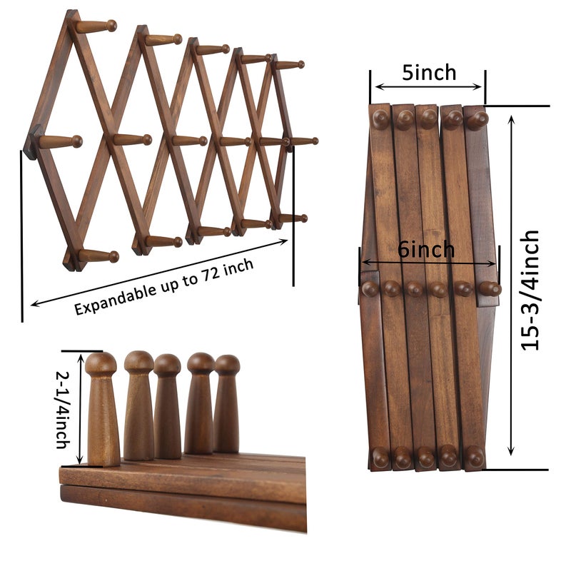 WEBI Accordion Wall Hanger, Wooden Coat Rack Wall Mounted, Hat & Cap Hook Rack, 16 Peg Hooks, Walnut Color - Image 2
