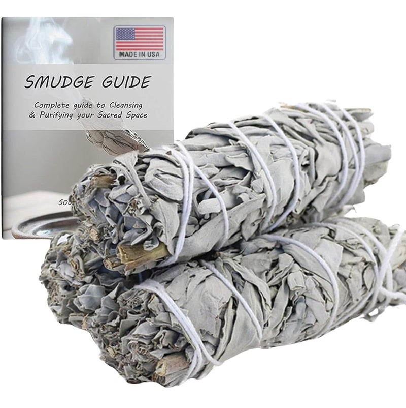 Ancientveda ANCIENT VEDA 4 Inch White Sage Smudge Sticks Bulk With Starter Guide (3 Pack) Smudging Sticks Bulk Sage for Cleansing House | White Sage for Smudging and Negative Energy Yoga | California Sage Bundles - Image 1