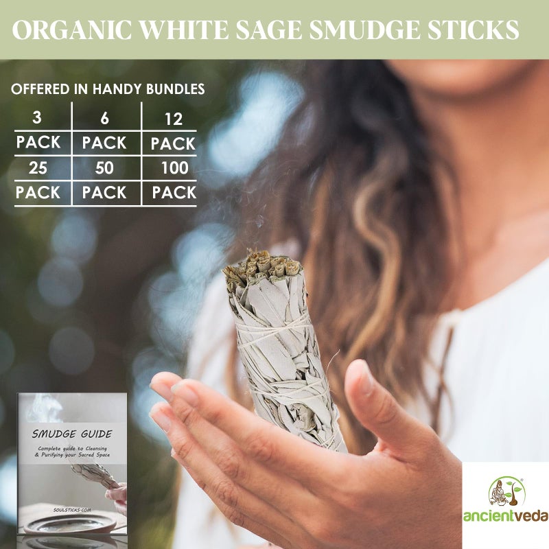 Ancientveda ANCIENT VEDA 4 Inch White Sage Smudge Sticks Bulk With Starter Guide (3 Pack) Smudging Sticks Bulk Sage for Cleansing House | White Sage for Smudging and Negative Energy Yoga | California Sage Bundles - Image 4