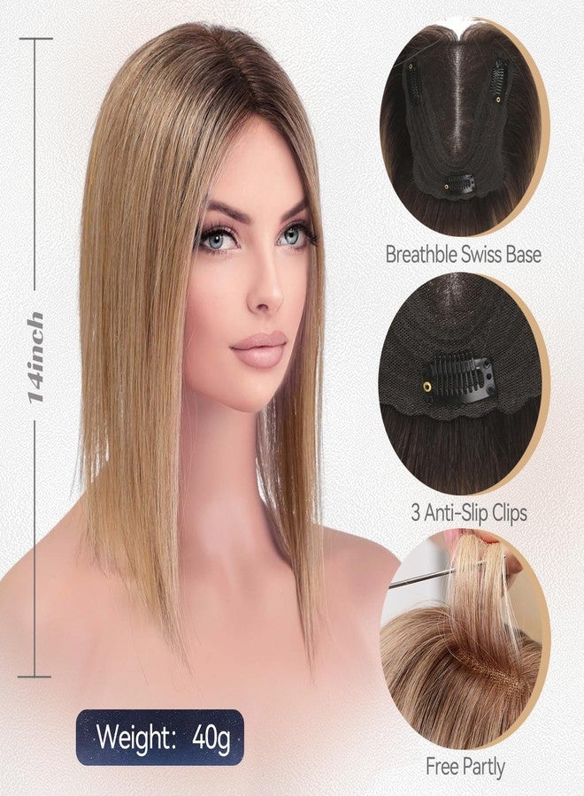 starluck Hair Toppers for Women Real Human Hair 4.5"*5" Swiss Lace Base Hand-Tied 14 inch No Bangs SilkHug ombre Light Brown Topper for Women with Tinning Roots Add Volume - Image 3