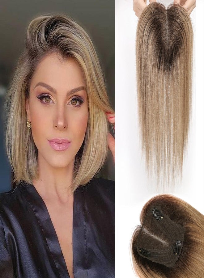 starluck Hair Toppers for Women Real Human Hair 4.5"*5" Swiss Lace Base Hand-Tied 14 inch No Bangs SilkHug ombre Light Brown Topper for Women with Tinning Roots Add Volume - Image 1