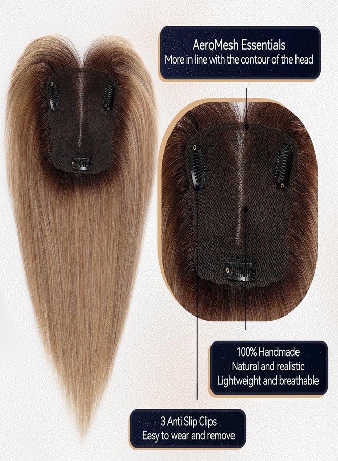 starluck Hair Toppers for Women Real Human Hair 4.5"*5" Swiss Lace Base Hand-Tied 14 inch No Bangs SilkHug ombre Light Brown Topper for Women with Tinning Roots Add Volume - Image 4