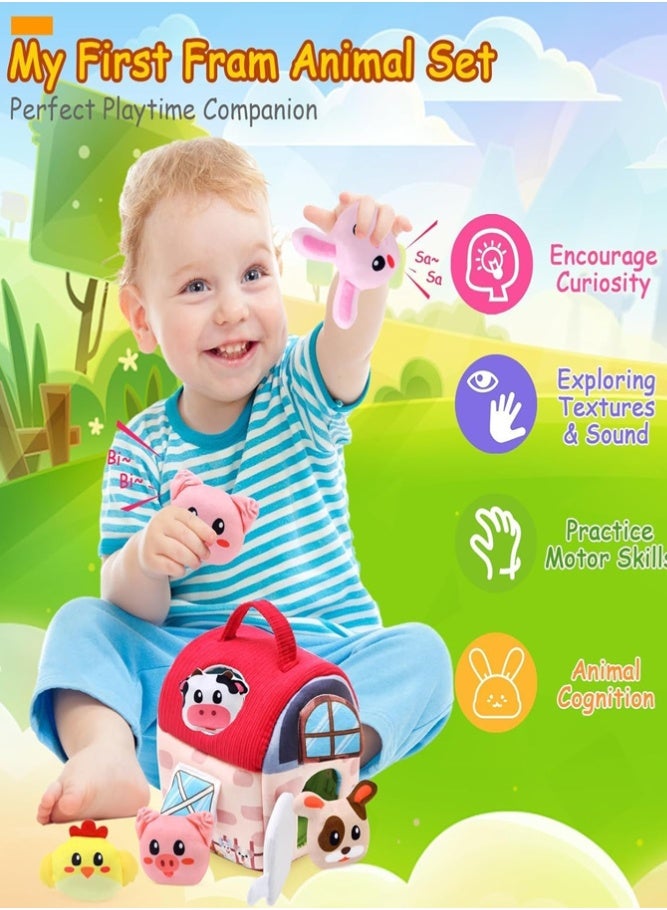 BELLSBERRY Baby Farm Animal Shape Sorter Toy – Plush Barn House with 6 Animals, Rattle, Crinkle & Mirror - Image 5