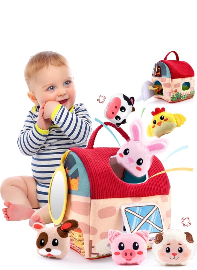 BELLSBERRY Baby Farm Animal Shape Sorter Toy – Plush Barn House with 6 Animals, Rattle, Crinkle & Mirror - Image 1