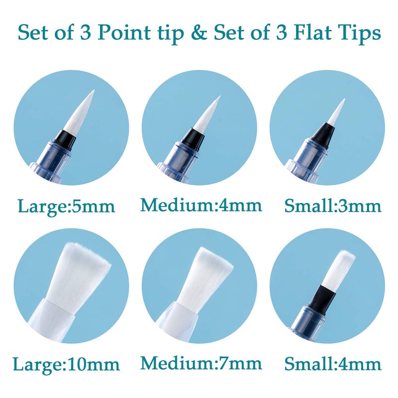 SCHUBERT Water Brush Pen Set 6 Pcs Aqua Painting Brushes with Assorted Tips for Water Soluble Colored Pencils Water Color WaterBase Markers Powdered Pigment Watercolor Paints Transparent - Image 2