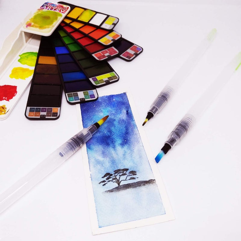 SCHUBERT Water Brush Pen Set 6 Pcs Aqua Painting Brushes with Assorted Tips for Water Soluble Colored Pencils Water Color WaterBase Markers Powdered Pigment Watercolor Paints Transparent - Image 3