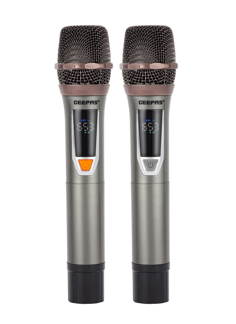 GEEPAS - UHF Wireless Microphone- GMP15015/ Pack of 2, Sharp Sensitivity, Improves Mobility and Flexibility/ 100 Selectable Channels, Wide Frequency Range, Perfect for Live Performers, Singers, Orators, Karaoke, Speeches/ 2 Years Warranty, Metallic Black Geepas - Image 1