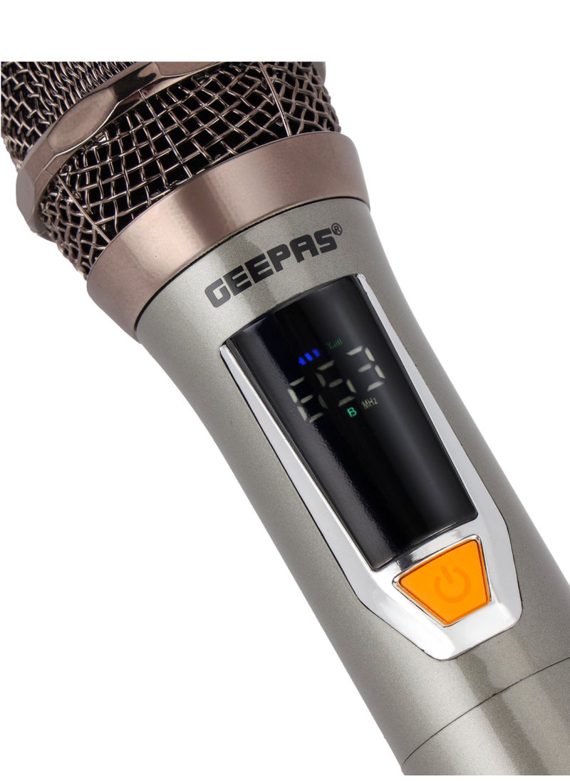 GEEPAS - UHF Wireless Microphone- GMP15015/ Pack of 2, Sharp Sensitivity, Improves Mobility and Flexibility/ 100 Selectable Channels, Wide Frequency Range, Perfect for Live Performers, Singers, Orators, Karaoke, Speeches/ 2 Years Warranty, Metallic Black Geepas - Image 1