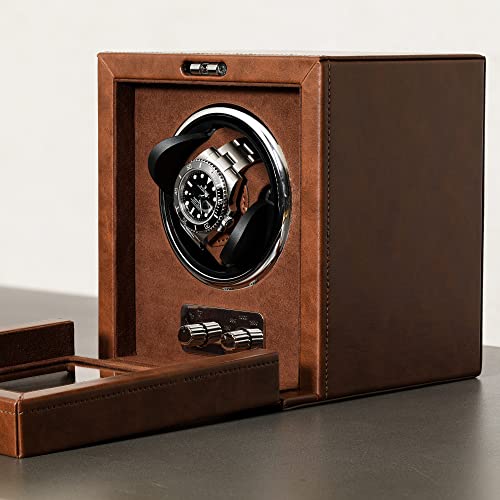 ROTHWELL Single Watch Winder for Automatic Watches with Quiet Motor with Multiple Speeds and Rotation Settings (Tan/Brown) - Image 5