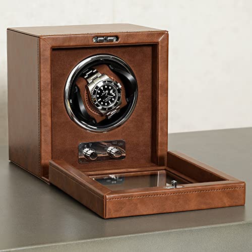 ROTHWELL Single Watch Winder for Automatic Watches with Quiet Motor with Multiple Speeds and Rotation Settings (Tan/Brown) - Image 4