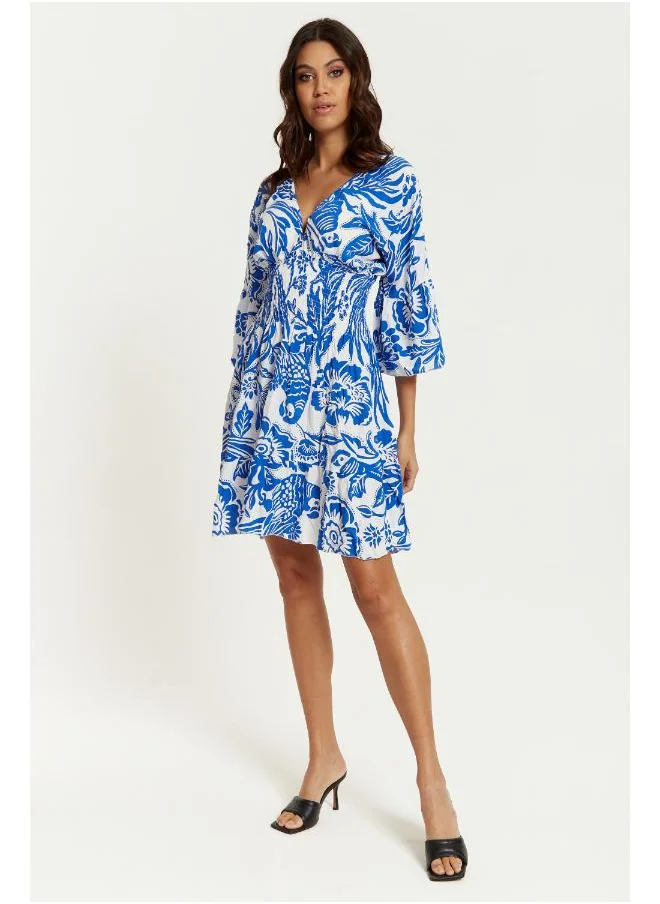 Hoxton Gal Floral Print V-Neck Mini Dress with 3/4 Sleeves in Blue