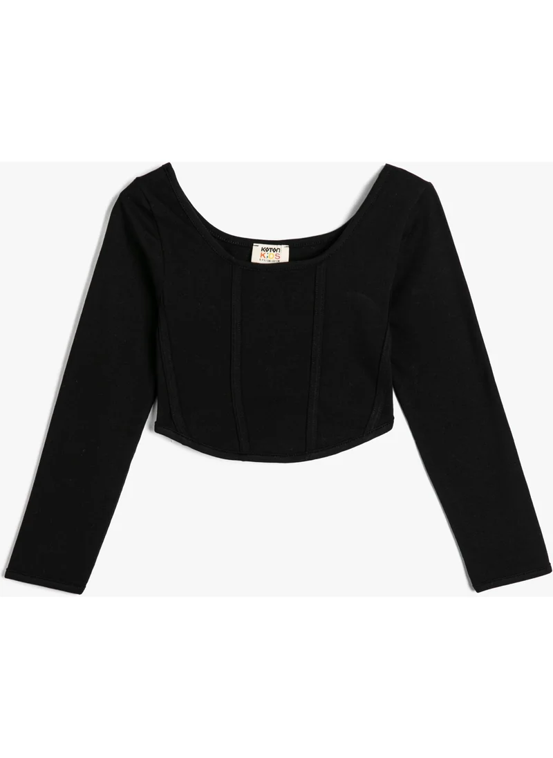 كوتون Crop T-Shirt Long Sleeve Round Neck Stitching Detailed Cotton