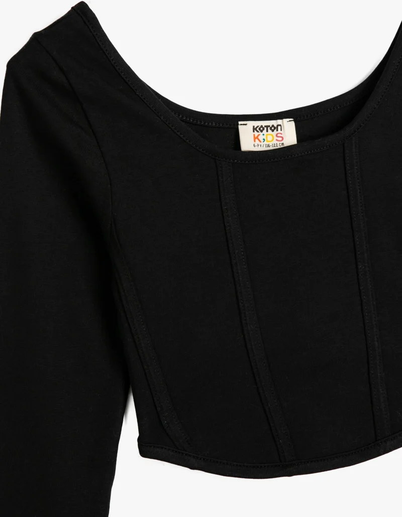 كوتون Crop T-Shirt Long Sleeve Round Neck Stitching Detailed Cotton