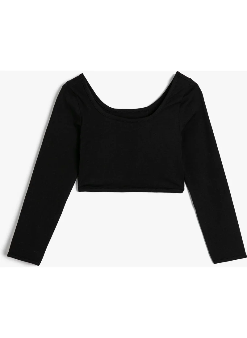 كوتون Crop T-Shirt Long Sleeve Round Neck Stitching Detailed Cotton