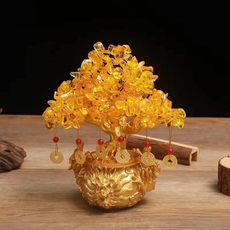 BAEKZ Crystal Bonsai Citrine Tree Money Tree Feng Shui Decorative Dragon Pot (Gold Color) - Image 1