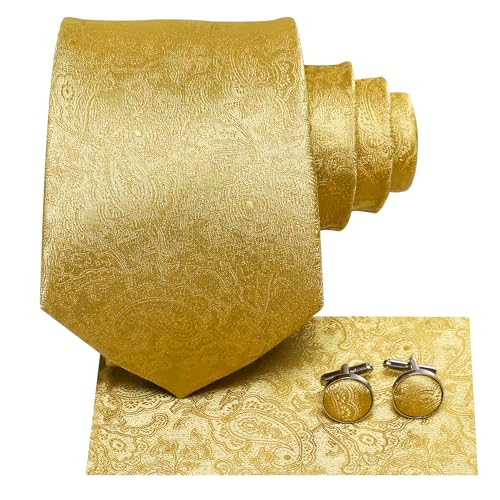 Dubulle Mens Tie and Lapel Pin Gold Paisley Striped Floral Necktie for Men Pocket Square Cufflinks Wedding Party - Image 4
