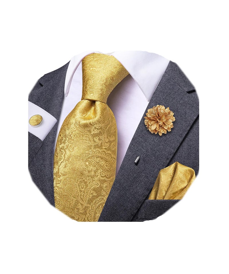 Dubulle Mens Tie and Lapel Pin Gold Paisley Striped Floral Necktie for Men Pocket Square Cufflinks Wedding Party - Image 1