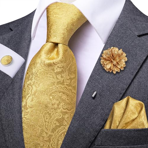Dubulle Mens Tie and Lapel Pin Gold Paisley Striped Floral Necktie for Men Pocket Square Cufflinks Wedding Party - Image 2