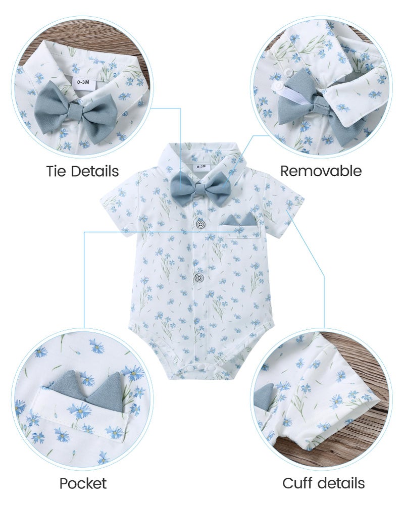 YALLET Baby Boy Clothes Set Infant Tuxedo Gentleman Suit Outfits Formal Dress Shirt + Beret Hat + Suspender Pants + Bowtie(Short Sleeved White Flower, 12-18 Months) - Image 2
