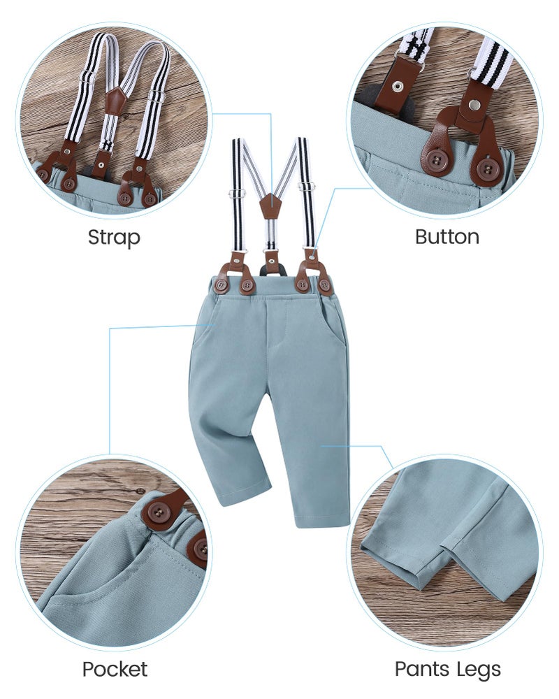 YALLET Baby Boy Clothes Set Infant Tuxedo Gentleman Suit Outfits Formal Dress Shirt + Beret Hat + Suspender Pants + Bowtie(Short Sleeved White Flower, 12-18 Months) - Image 3