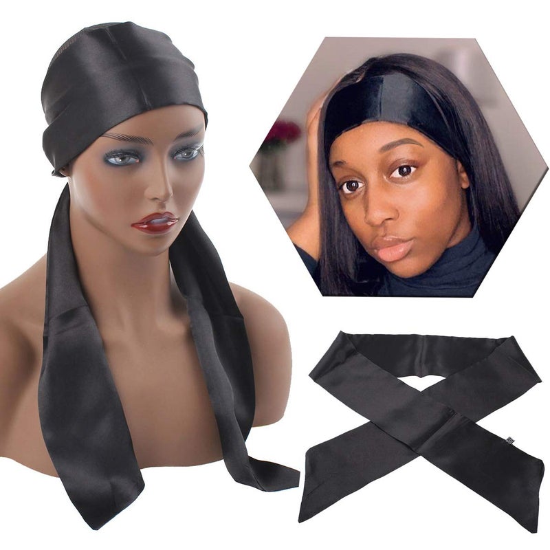 XTREND Satin Edge Scarves for Wigs Silk Headbands Soft Edge Scarf to Lay Edges for Black Women Keep Wig Secured Satin Headband for Yoga Makeup Facial Sport 1 pc Black