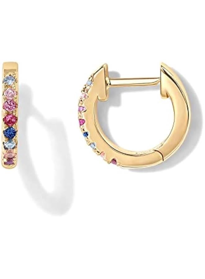 14K Gold Plated Sterling Silver Post Huggies | Cubic Zirconia Huggie Earrings for Women | Green, Garnet, Spinel Blue, Black, Multicolored Stones - Image 1