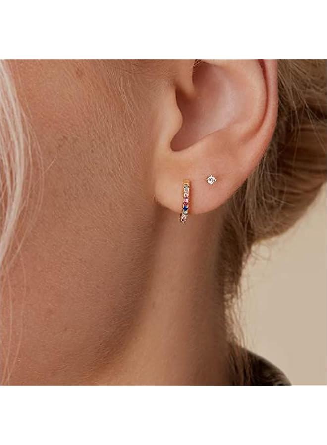 14K Gold Plated Sterling Silver Post Huggies | Cubic Zirconia Huggie Earrings for Women | Green, Garnet, Spinel Blue, Black, Multicolored Stones - Image 2