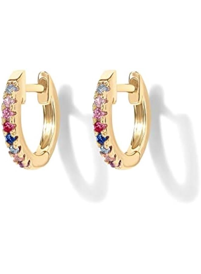 14K Gold Plated Sterling Silver Post Huggies | Cubic Zirconia Huggie Earrings for Women | Green, Garnet, Spinel Blue, Black, Multicolored Stones - Image 3