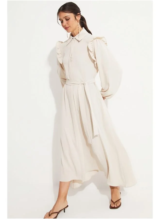 جون June Ruffle Shoulder Balloon Sleeve Dress Beige