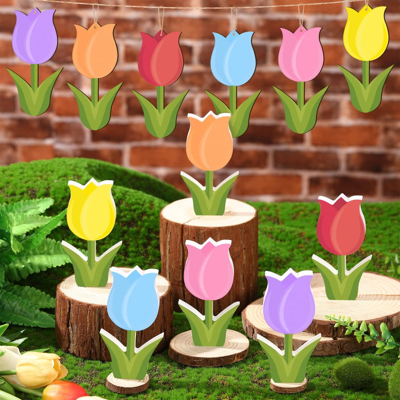 Panelee 30 Pcs Easter Tulip Decorations 6 Spring Tiered Tray Decor 24 Wooden Tulip Hanging Ornaments for Tree Spring Flower Wood Signs Easter Centerpieces for Table Home