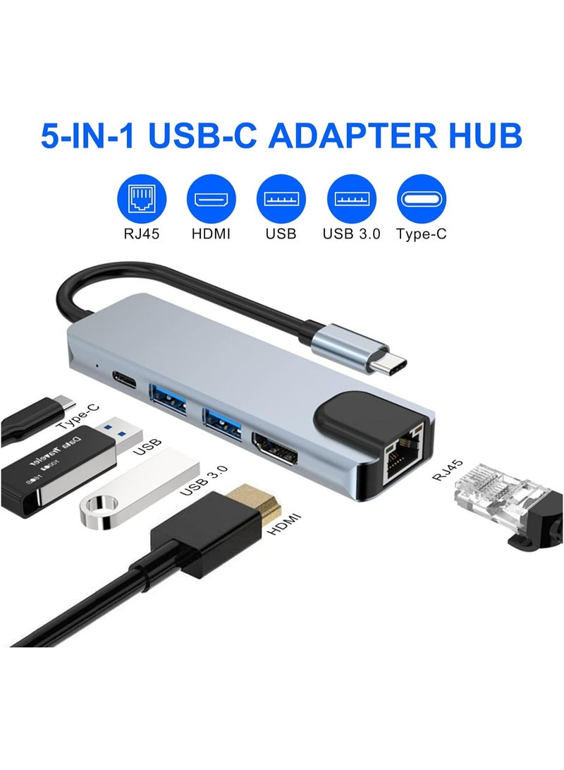 5 in 1 USB C Docking Station, Type C to HDMI Adapter, RJ45 Ethernet,Compatible with MacBook Pro/Air & Type C Devices,HDMI Hub with HDMI Ethernet Port, USB3.0/2.0 Port, PD Charging Compatible with MacBook Pro/Air, iPad Pro, iPhone 16/15, iMac, XPS - Image 1