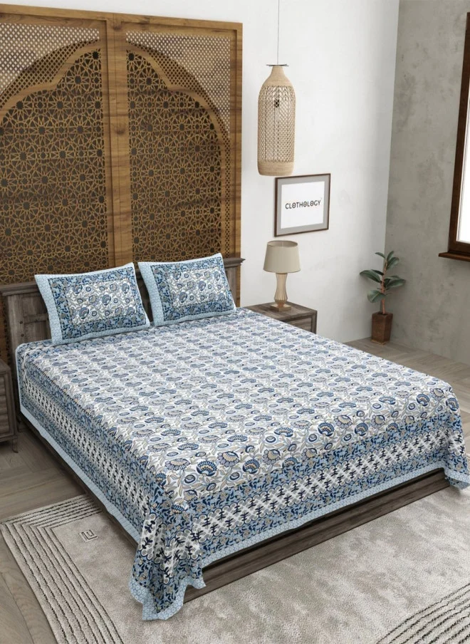 CLOTHOLOGY CLOTHOLOGY Blue & White Printed Pure Cotton 180 TC King Bedsheet Set