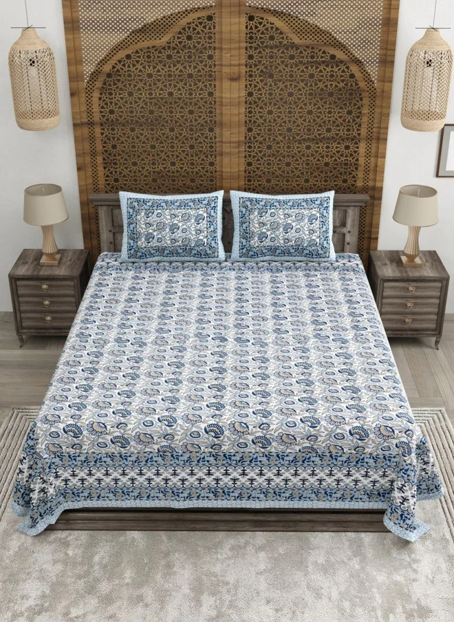 CLOTHOLOGY CLOTHOLOGY Blue & White Printed Pure Cotton 180 TC King Bedsheet Set