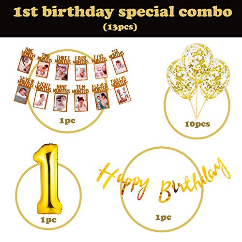 Party Propz Birthday Decoration Items for 1st Birthday - Set of 13 Pcs | 12 Months Photo Banner for Birthday(cardstock) | Confetti Balloons for Decoration | 1st Birthday Decoration for Girls - Image 2