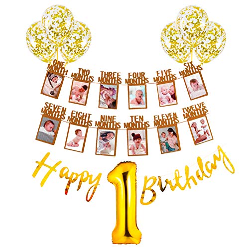 Party Propz Birthday Decoration Items for 1st Birthday - Set of 13 Pcs | 12 Months Photo Banner for Birthday(cardstock) | Confetti Balloons for Decoration | 1st Birthday Decoration for Girls - Image 1