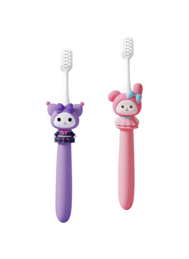 Baoshi Children's Toothbrush, Soft Bristles, For Milk Teeth 3-9 Years Old, Small Brush Head, Baby Training Oral Cleaning - Cartoon Pink + Purple, 2-piece Set