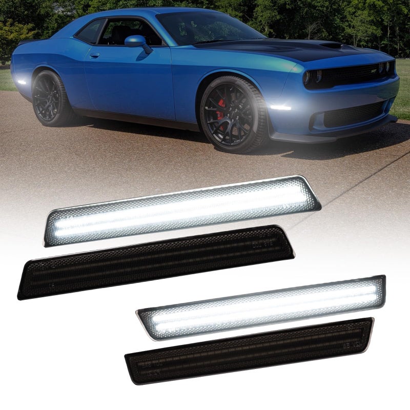 AUTOONE White LED Side Marker Lights Compatible With Dodge Challenger 20152023 Front Rear Bumper Marker Lamps Corner Parking Lamp Smoked Len 4PCS