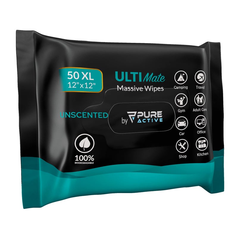Pure Active XXL Adult Wipes for Elderly No Rinse Hygiene Wipes for Shower Travel and Camping 12x12 Unscented 50 Pack