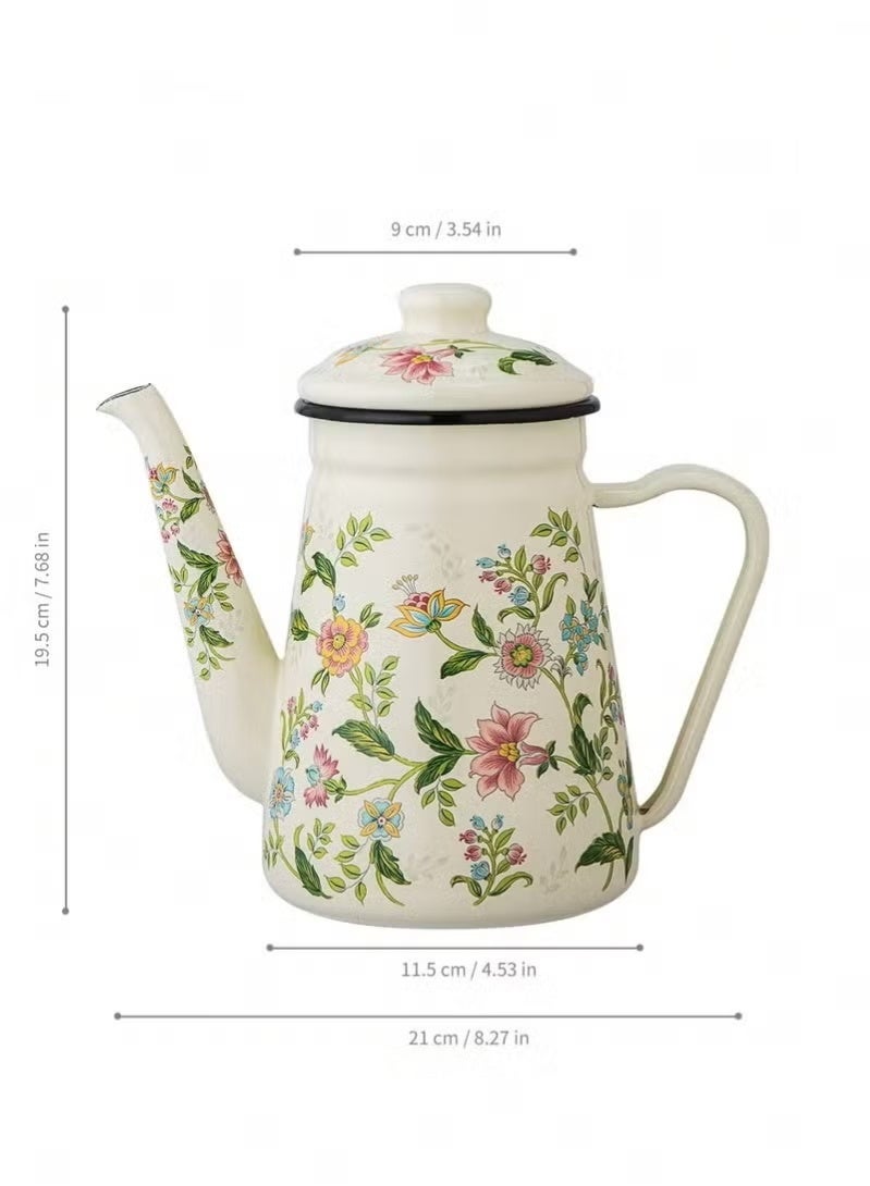SILADEFU Enamel Coffee Pot 1.1L Large Capacity Floral Pattern Pour-Over Kettle Narrow Mouth Handle Boiling Pot for Coffee Tea Brewing Home Use Electric and Gas Stove - Image 2