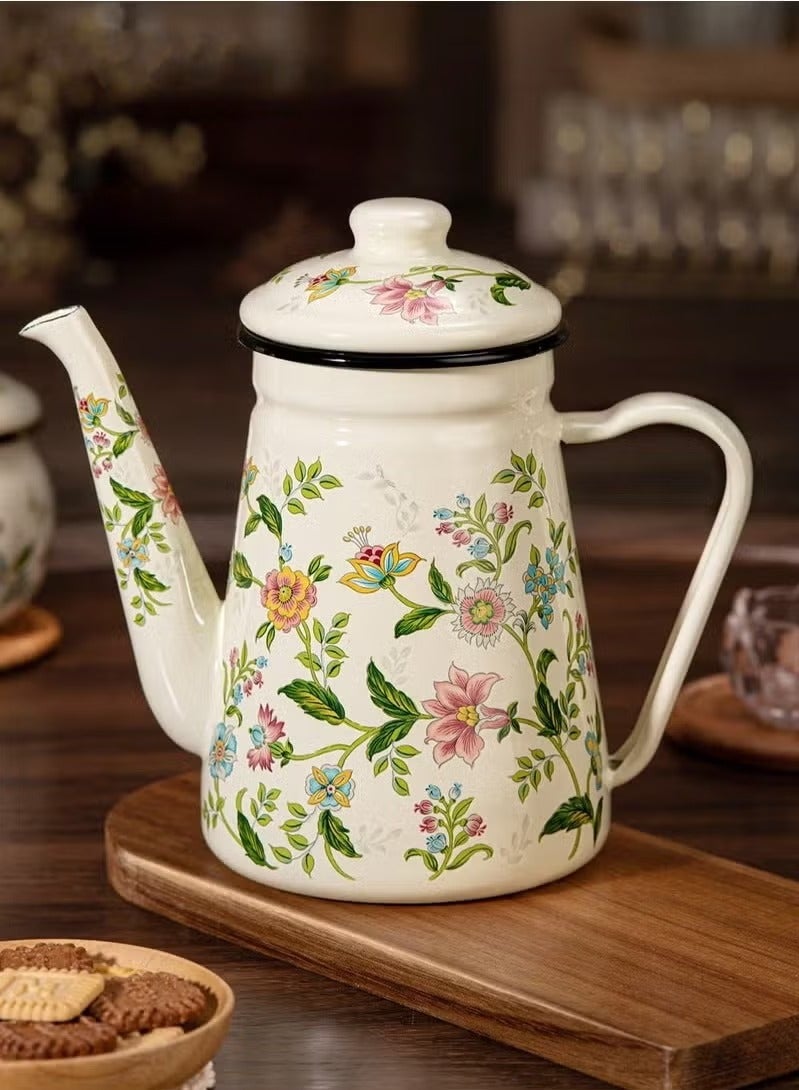 SILADEFU Enamel Coffee Pot 1.1L Large Capacity Floral Pattern Pour-Over Kettle Narrow Mouth Handle Boiling Pot for Coffee Tea Brewing Home Use Electric and Gas Stove - Image 1