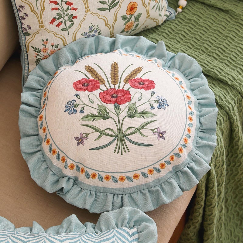 ISAENNE Design Linen Round Throw Pillow Covers Diameter 16", Fresh Farmhouse Cushion Covers with Red Watercolor Wildflower Pattern Decor Pillowcases for Bed,Living Room,Outdoor,Car - Image 3