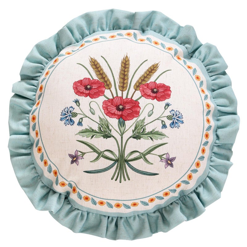 ISAENNE Design Linen Round Throw Pillow Covers Diameter 16", Fresh Farmhouse Cushion Covers with Red Watercolor Wildflower Pattern Decor Pillowcases for Bed,Living Room,Outdoor,Car - Image 1