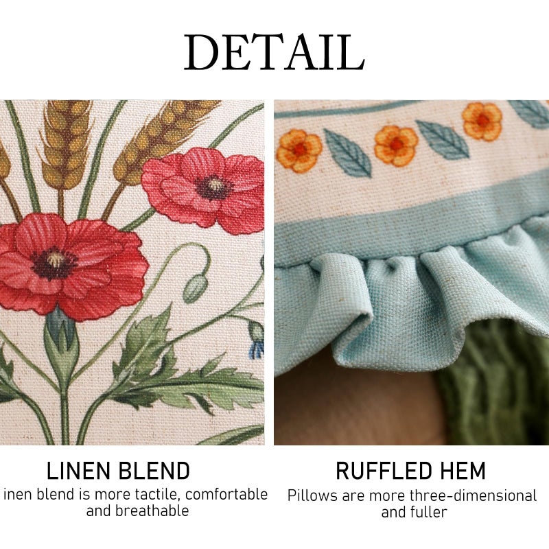 ISAENNE Design Linen Round Throw Pillow Covers Diameter 16", Fresh Farmhouse Cushion Covers with Red Watercolor Wildflower Pattern Decor Pillowcases for Bed,Living Room,Outdoor,Car - Image 4