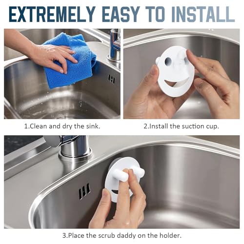 Yoshiky Stainless Steel Smiley Face Sponge Holder, Silver Sink Caddy Organizer Storage with Suction Cup for Kitchen, Kitchen Accessories Decor Scrubber-White - Image 3