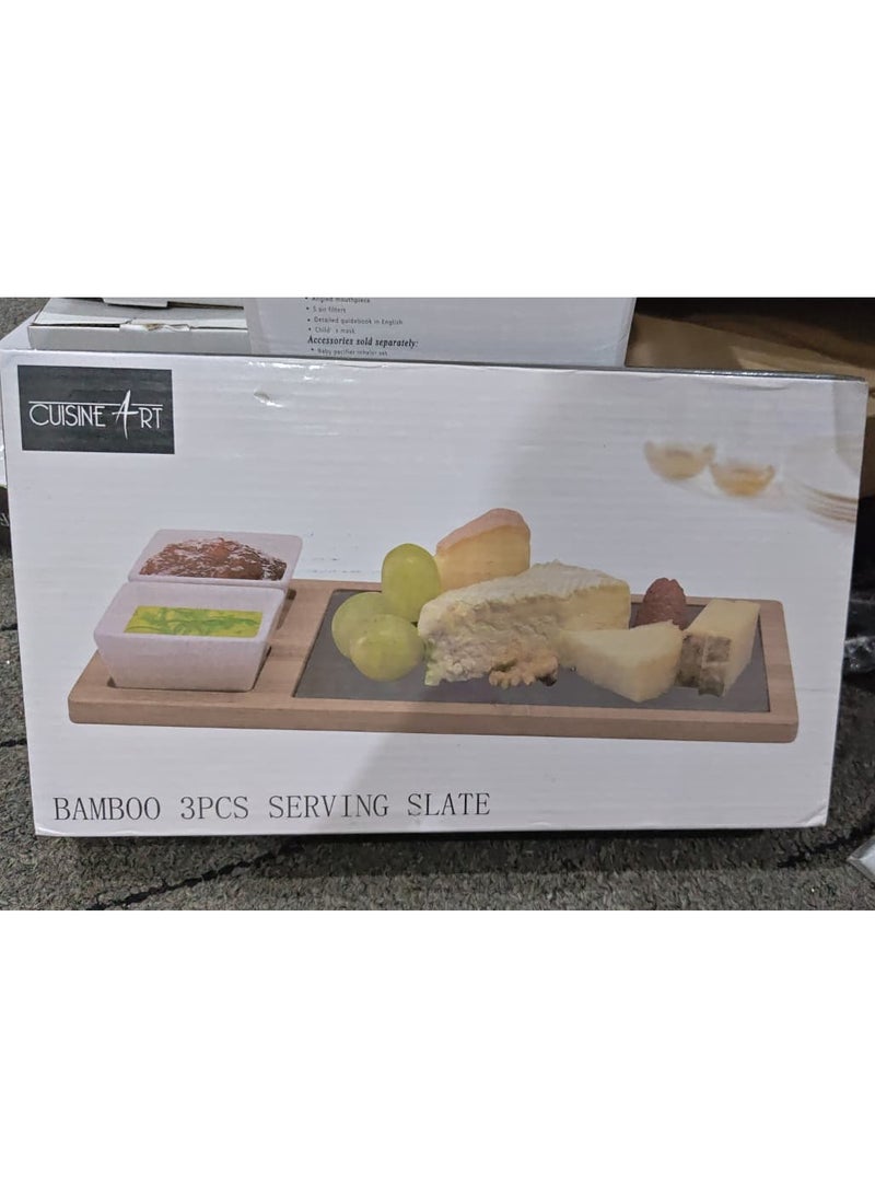 Elegant bamboo serving board set with slate tray and sauce dishes perfect for cheese appetizers and stylish food presentation