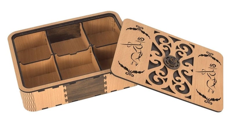 KACHKIT Dry Fruit Box Handmade Handcrafted Wooden Large Size Square Dry Fruit Box for Gift Food Storage Spice Box Storage Box Masala Box Set Container 6 Compartment Pack of 1 - Image 2