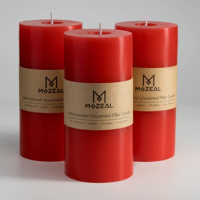MOZEAL 3 x 6 HandPoured Unscented CandleDripless Pillar Candle Set of 3Long Lasting BurningApprox 120 Hours Burn TimeRustic Country Stylefor WeddingDinnerChristmas and Home DecorRed