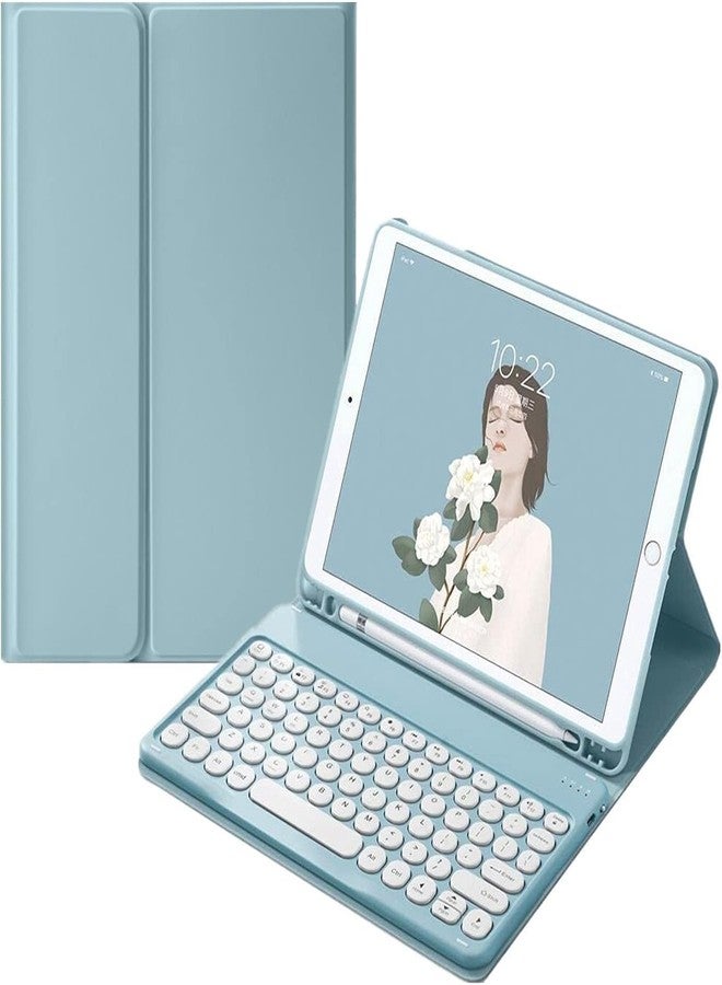 NUWONAYA Keyboard Case for Galaxy Tab S9FE/Tab S9/Tab S8/Tab S7 with Pen Holder,Slim Round Key Cute Candy Color Stand Cover with Magnetic Detachable Wireless Keyboard,Mist Blue - Image 1