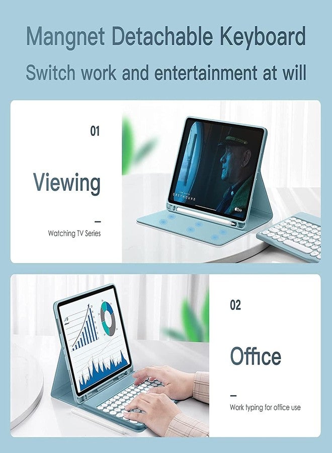 NUWONAYA Keyboard Case for Galaxy Tab S9FE/Tab S9/Tab S8/Tab S7 with Pen Holder,Slim Round Key Cute Candy Color Stand Cover with Magnetic Detachable Wireless Keyboard,Mist Blue - Image 4