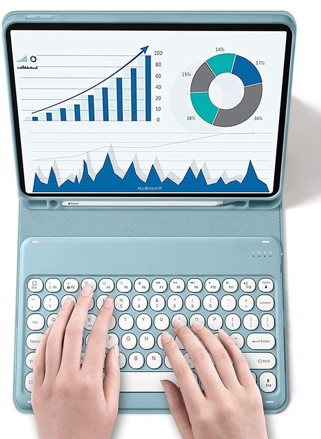 NUWONAYA Keyboard Case for Galaxy Tab S9FE/Tab S9/Tab S8/Tab S7 with Pen Holder,Slim Round Key Cute Candy Color Stand Cover with Magnetic Detachable Wireless Keyboard,Mist Blue - Image 2
